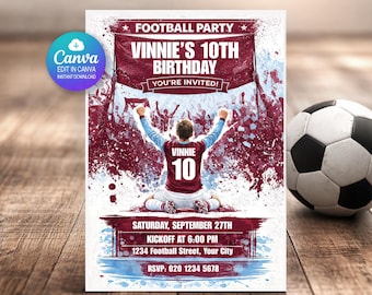 Convite de aniversário com tema de futebol, convite para festa do West Ham, convite editável no Canva, aniversário infantil com tema de futebol, convite para festa