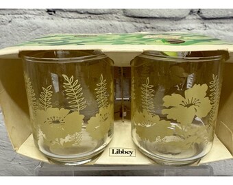 Vtg 70's Libbey Juice Glasses Tan Flower Fern Design Boho Retro Botanical