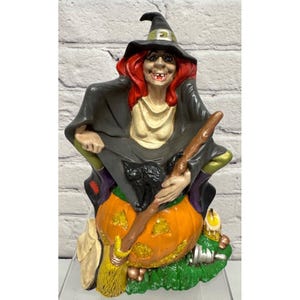 Vtg Halloween Ceramic Witch On Jack O Lantern Decor Hand Painted Byron Molds 70s