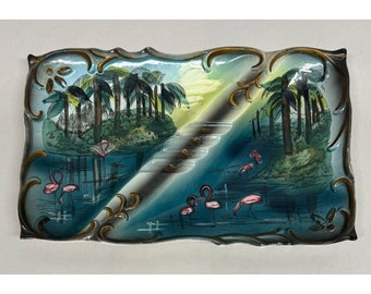 Vtg Florida Souvenir Ashtray Kitschy Palm Tree Flamingo Ceramic Divided Gift for Decorator Designer Art Lover