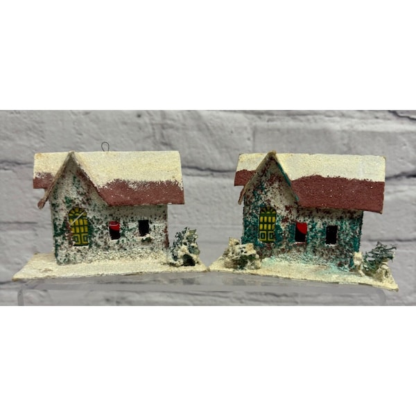 Vtg Christmas Village Putz Cardboard House Japan Glitter Frosted Ornaments Gift for Christmas Lovers Decorators Collectors