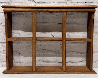 Vtg Oak Wood 6 Cubby Wall Shelf Curio Shadow Box Divided Display Cottage Country