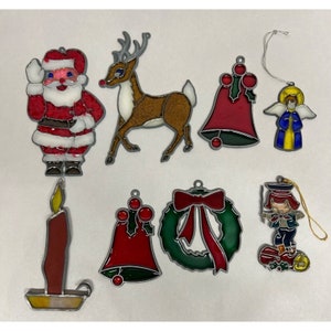 8 Vintage Christmas Leaded Stained Glass Sun catchers Santa Bell Wreath Reindeer Gift for Christmas Lovers Decorators Collectors