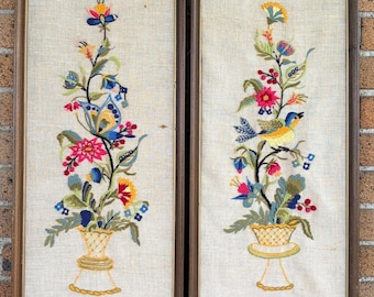 Vtg Jacobean Floral Crewel Embroidery Butterfly Blue Bird Framed LeeWard