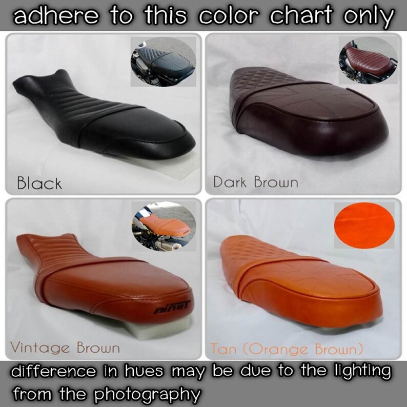 May include: A color chart showing four different colors of motorcycle seats. The colors are black, dark brown, vintage brown, and tan (orange brown).