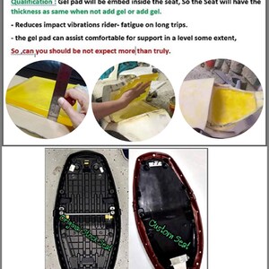May include: A comparison of two motorcycle seats. The original seat is black and the custom seat is red. The custom seat has a gel pad insert for added comfort. The text "Original Stock Seat" and "Custom Seat" is written on the seats.