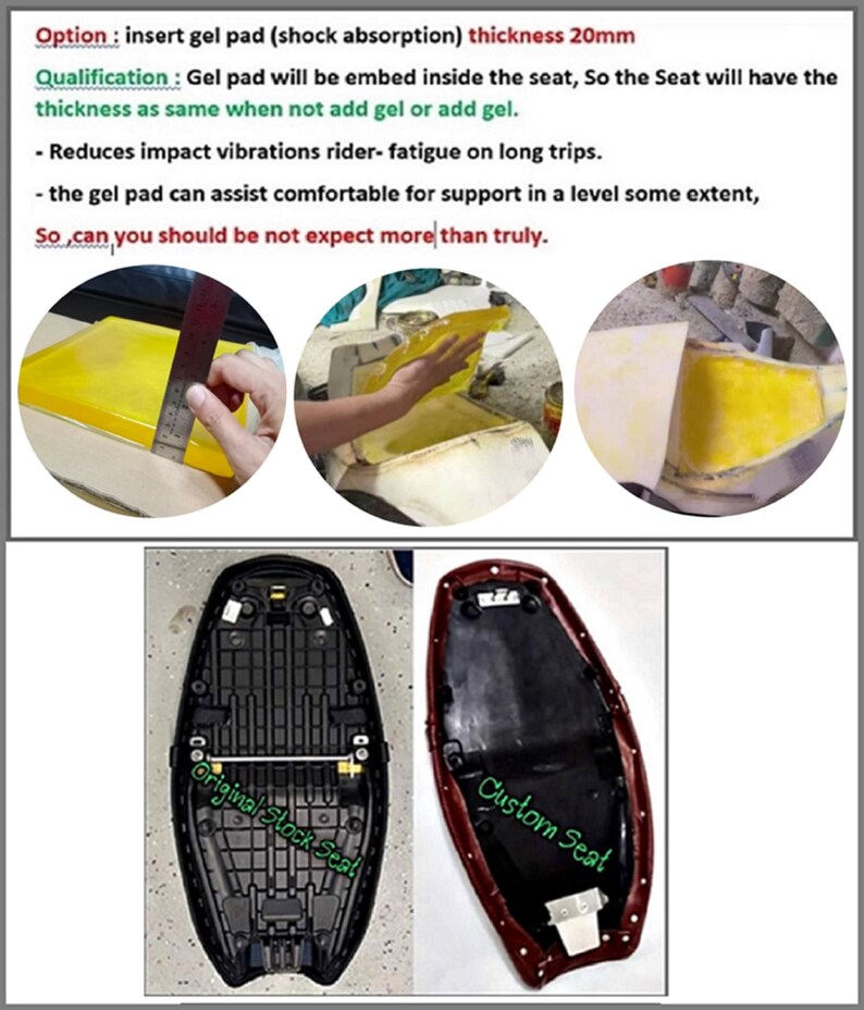 May include: A comparison of two motorcycle seats. The original seat is black and the custom seat is red. The custom seat has a gel pad insert for added comfort. The text "Original Stock Seat" and "Custom Seat" is written on the seats.
