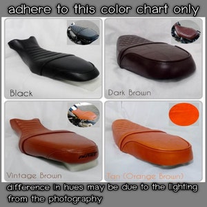 May include: Color chart showing four different colors of motorcycle seats. The seats are quilted and have a diamond pattern. The colors are black, dark brown, vintage brown, and tan (orange brown).
