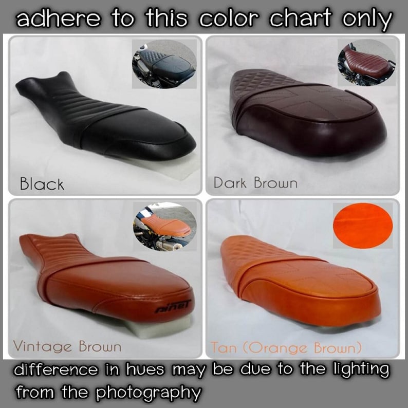 May include: Color chart showing four different colors of motorcycle seats. The seats are quilted and have a diamond pattern. The colors are black, dark brown, vintage brown, and tan (orange brown).