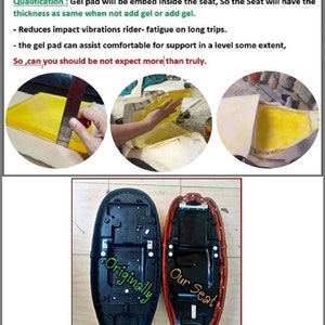 May include: A comparison of two motorcycle seats. The seat on the left is the original seat. The seat on the right is a modified seat with a gel pad insert. The text "Originally" is written on the left seat and "Our Seat" is written on the right seat.