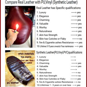 May include: A comparison chart of real leather versus synthetic leather (PU, Vinyl, PVC). The chart lists ten qualities of each material, including luxury, elegance, durability, and resistance to fire and cigarette ashes. The chart shows that real leather is more durable and resistant to fire and cigarette ashes than synthetic leather. The chart also shows that real leather has a longer lifespan than synthetic leather.