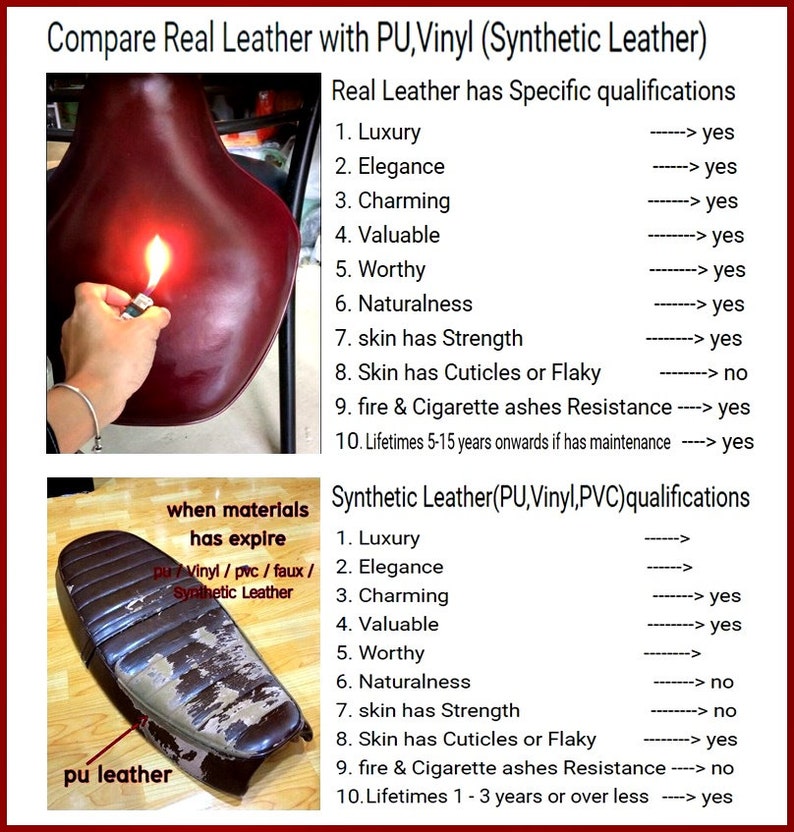 Puede incluir: Una comparaci&oacute;n lado a lado de cuero real y cuero sint&eacute;tico. La imagen muestra un primer plano de un trozo de cuero real con una cerilla encendida cerca. El texto dice "Compare Real Leather with PU, Vinyl (Synthetic Leather)" y enumera las cualidades de cada tipo de cuero. La imagen tambi&eacute;n muestra un asiento de motocicleta hecho de cuero real y un asiento de motocicleta hecho de cuero sint&eacute;tico.