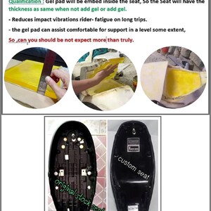 May include: Image shows the process of installing a gel pad in a motorcycle seat. The text indicates the gel pad is 20mm thick and reduces vibration. The image also shows the original stock seat and a custom seat.