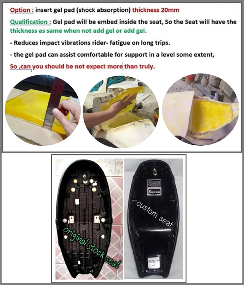 May include: Image shows the process of installing a gel pad in a motorcycle seat. The text indicates the gel pad is 20mm thick and reduces vibration. The image also shows the original stock seat and a custom seat.