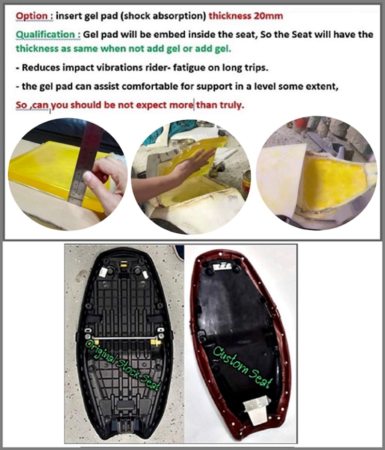 Puede incluir: Una comparaci&oacute;n de dos asientos de motocicleta. El asiento original es negro y el asiento personalizado es rojo. El asiento personalizado tiene un inserto de almohadilla de gel para mayor comodidad. El texto "Asiento original" y "Asiento personalizado" est&aacute; escrito en los asientos.
