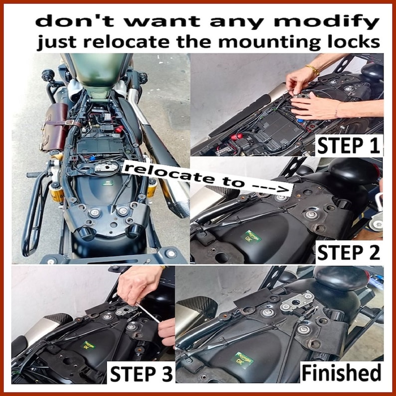 May include: A series of four images showing the process of relocating motorcycle mounting locks. The text in the image reads "don't want any modify just relocate the mounting locks". The steps are labeled 1, 2, 3, and "Finished".