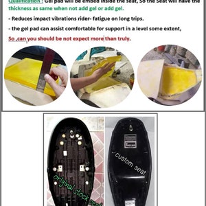 Puede incluir: Una comparaci&oacute;n de dos asientos de motocicleta. El asiento original es negro con una superficie texturizada. El asiento personalizado es negro con una superficie lisa y las palabras "asiento personalizado" escritas en &eacute;l. El asiento personalizado tiene un inserto de almohadilla de gel para la absorci&oacute;n de impactos.