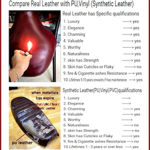 K&ouml;nnte beinhalten: Ein Vergleich von echtem Leder und Kunstleder nebeneinander. Das Bild zeigt eine Nahaufnahme eines St&uuml;cks echtes Leder mit einem brennenden Streichholz in der N&auml;he. Der Text lautet "Compare Real Leather with PU, Vinyl (Synthetic Leather)" und listet die Eigenschaften der beiden Lederarten auf. Das Bild zeigt auch einen Motorradsitz aus echtem Leder und einen Motorradsitz aus Kunstleder.