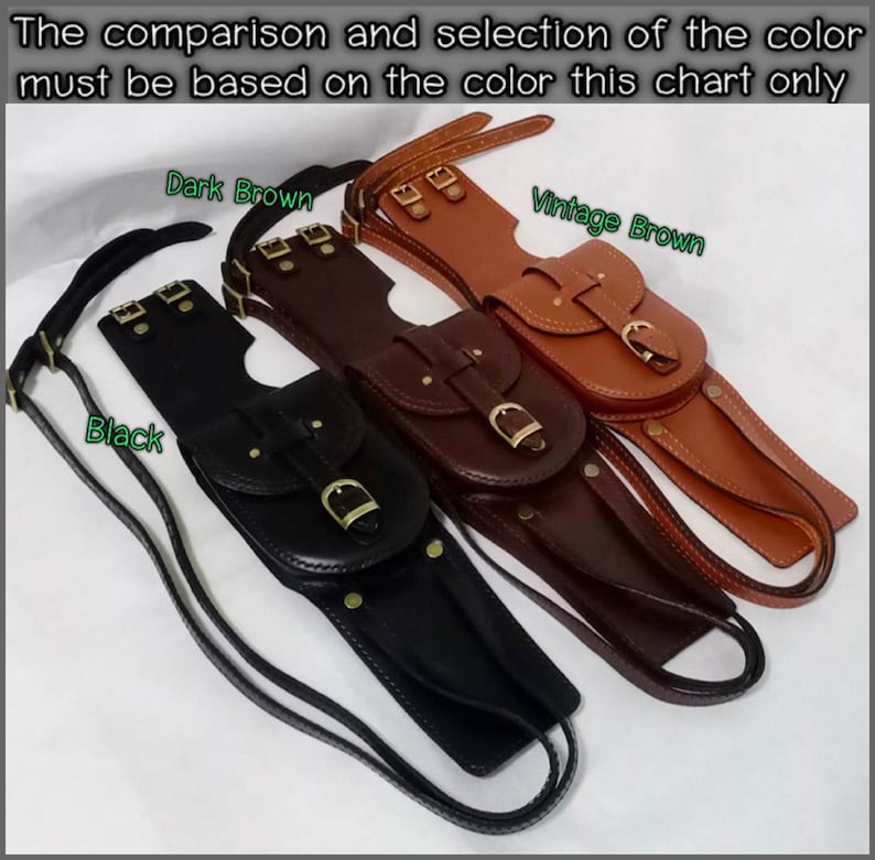 K&ouml;nnte beinhalten: Drei Leder-Motorradsatteltaschen in Schwarz, Dunkelbraun und Vintage-Braun. Die Taschen haben einen Klappenverschluss mit einer Schnalle und einen Riemen mit einer Schnalle. Der Vergleich und die Auswahl der Farbe m&uuml;ssen auf der Farbe dieser Tabelle basieren.