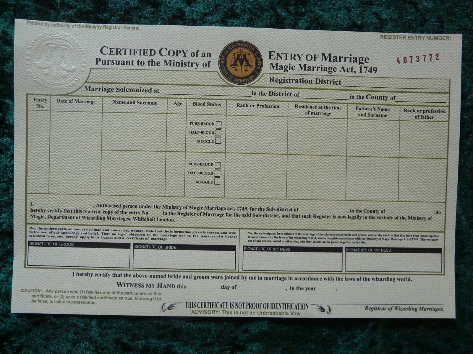 Harry Potter - Marriage Certificate - Ministry of Magic Throughout Harry Potter Certificate Template