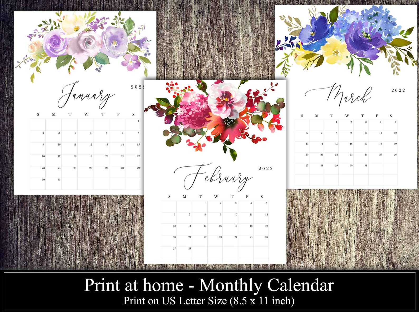 2022 printable calendar instant download floral calendar