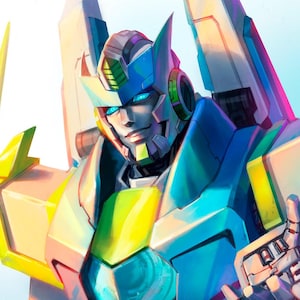 May include: Digital artwork of a robot character in blue, yellow, and white. The robot features intricate details, sharp lines, and glowing blue eyes. The artwork is signed "SunshineCanDoodle" with social media handles.