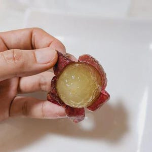 May include: A close-up of a peeled grape, revealing a translucent, yellowish-green orb. The outer skin, a deep burgundy, is partially peeled back, showcasing the fruit's juicy interior. The grape is held against a white background.