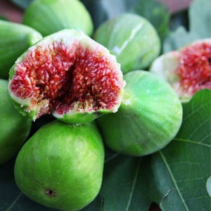 Op de afbeelding: Close-up van verse groene vijgen, sommige heel en sommige doorgesneden. De doorgesneden vijgen onthullen een levendig rood interieur. De vijgen zijn gerangschikt op een bed van groene bladeren, waarbij hun natuurlijke kleuren en texturen worden getoond.
