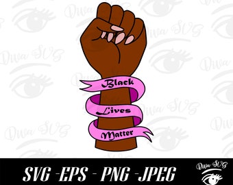 May include: A raised fist with pink ribbons wrapped around it. The ribbons have the words "Black Lives Matter" written on them.