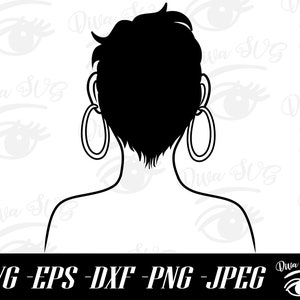 May include: Silhouette of a person with short hair and large hoop earrings. The person is facing away from the viewer.