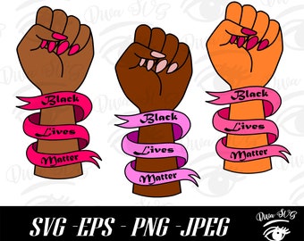 May include: Three raised fists with pink and black lettering that reads "Black Lives Matter".
