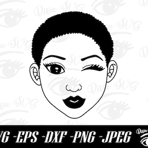 Black Woman Winking SVG, Black Woman Face SVG png, Winking svg, Black woman short hair, Afro Woman svg, Silhouette Cut Files, Cricut files