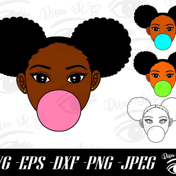 Schwarzes Mädchen Kaugummi Kaugummi SVG, schwarzes Mädchen SVG, Afro Puffs Svg, schwarze Mädchen Gesicht, Mädchen mit Afro Puffs, Cricut Dateien, Instant Download