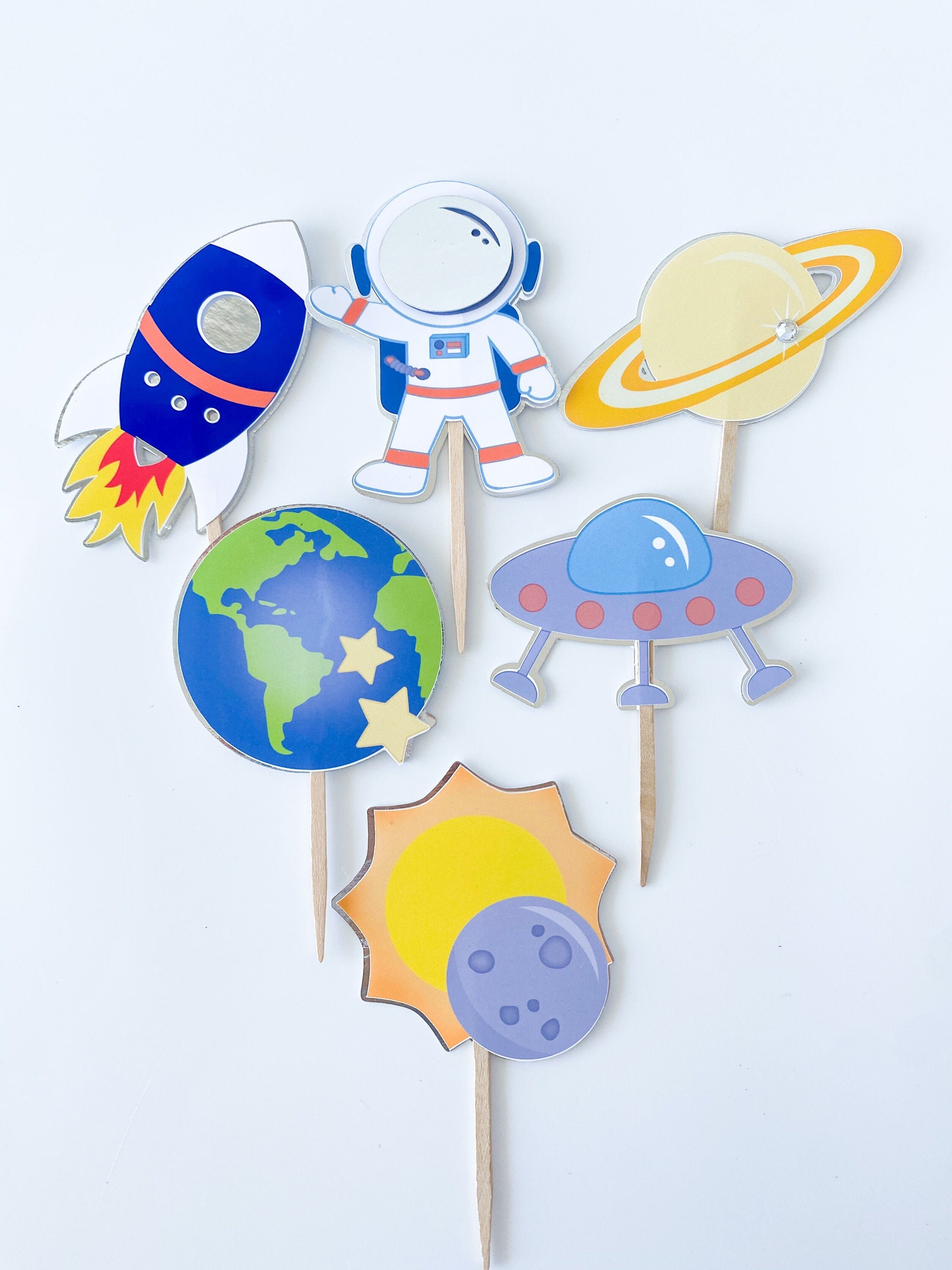 Space cupcake toppers Space Theme party Rocket topper Astronaut Topper outer space party decorSpace Birthday Food Pick Moon
