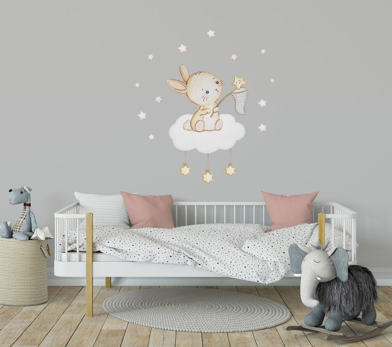 Bunny wall decal nursery girl Stars wall decal Bunny wall sticker Cloud wall decal Watercolor bunny wall art Bunny nursery wall decal girl