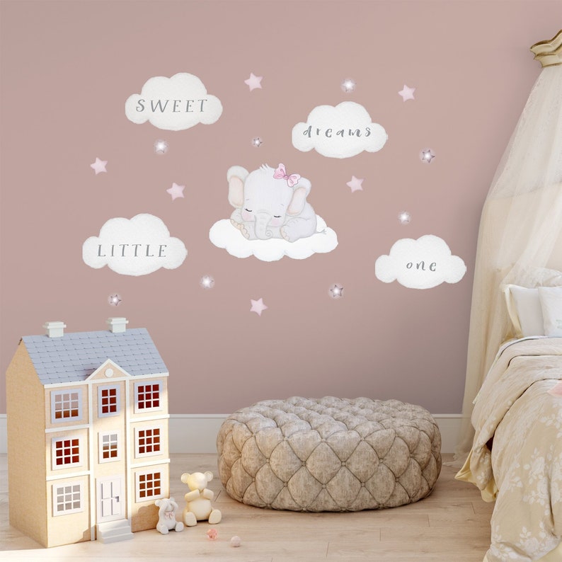 Elephant On Cloud Decal Baby Room Wall Sticker Nursery Sweet Dreams Little Pink