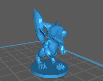 May include: A blue 3D printed miniature of a small dragon with a spiky tail and a wide open mouth.