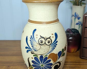 Vintage Tonala Stoneware Vase w/ Hand Painted Owl Detail