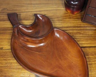 MCM Dark Wood Hand Carved Leaf Tray