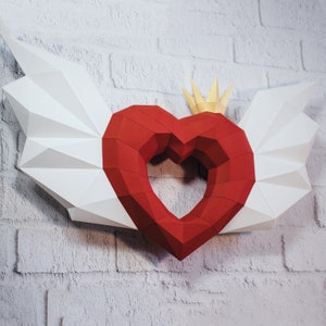 Papercraft Cuore d'angelo con ali decorazione da parete, decorazioni di San Valentino, cuore Papercraft 3D, cuore Origami, cuore Low Poly, cuore stampabile, fai da te