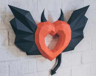 Papercraft devil heart with wings. DIY wall mount. 3D papercraft sculpture. PDF pattern. Origami heart. Low Poly heart. Printable heart