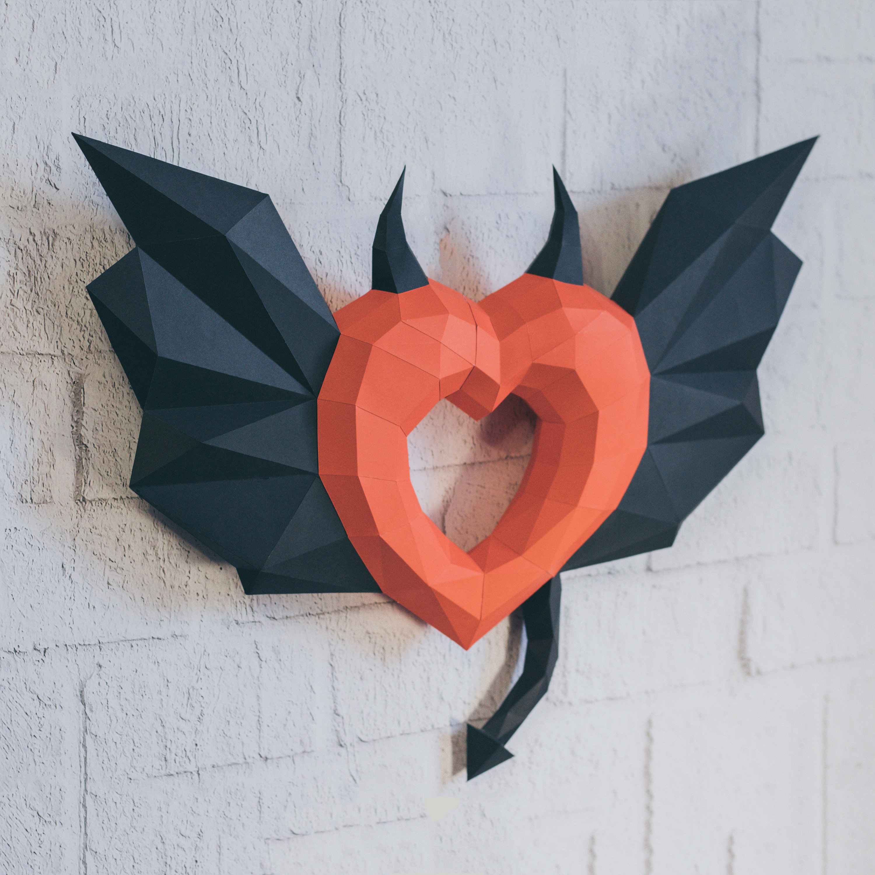 papercraft devil heart with wings diy wall mount 3d etsy