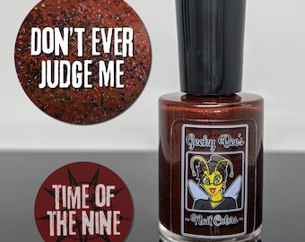 Dark Red Nail Polish with Black Glitter, Gold-Green Shimmer