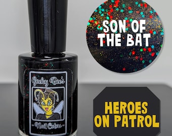 Black Nail Polish with Red and Green Glitter, Gold Shimmer