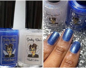 Blue Pilot Pair | Defenders of Tokyo-3 | 5-free blue metallic nail polish and white glitter topper DUO