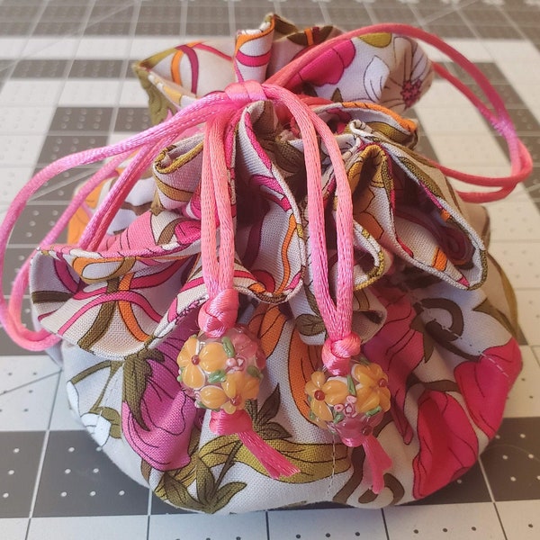 Jewelry Travel Tote---Drawstring Organizer Pouch/Bag - Large Size - Handmade - Pink, Gray, Orange, and White