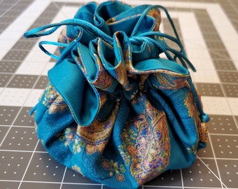 Jewelry Travel Tote---Drawstring Organizer Pouch/Bag - Large Size - Handmade - Teal, Pink, Green, Metallic Gold