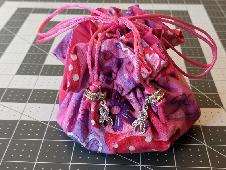 Red White Large Size Purple Pink Jewelry Travel Tote---Drawstring Organizer PouchBag Handmade Breast Cancer Awareness