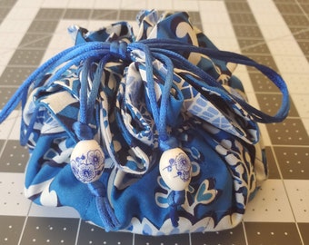 Jewelry Travel Tote---Drawstring Organizer Pouch/Bag - Large Size - Handmade - White, Blue, Black