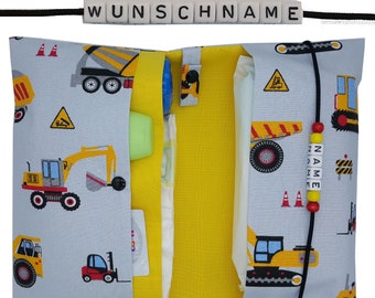 Windeltasche to go Name Wickeltasche Baustelle-Fahrzeug Bagger Kran Radlader Zwillinge Windeletui Baby unterwegs Junge Geburt personalisiert